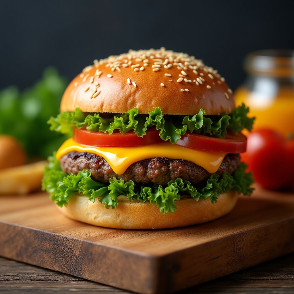 Gourmet burger with cheese and fresh vegetables